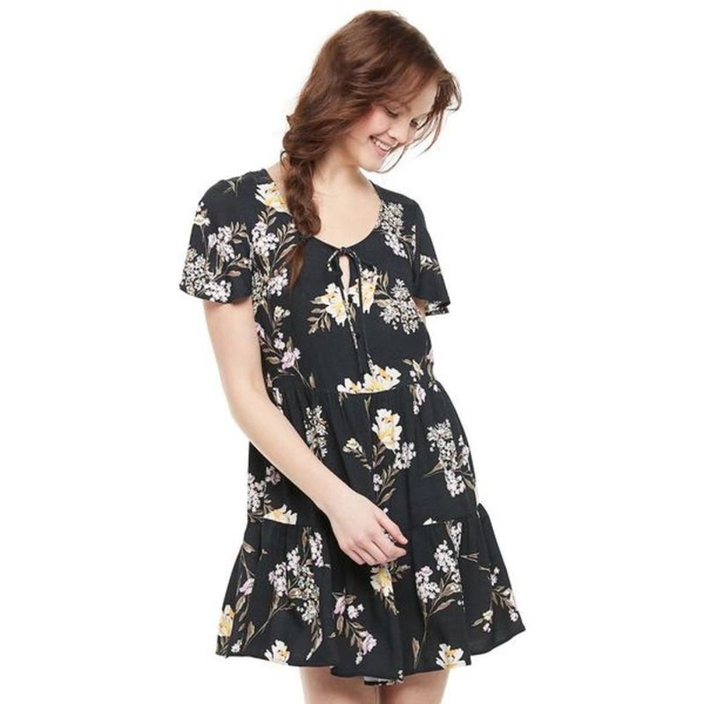 NWT Love Fire Women’s Floral Tie Button Front Mini Dress Size M Black Multicolor